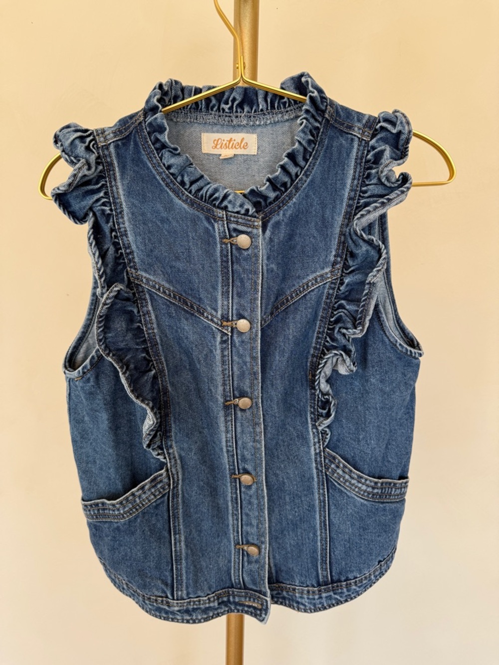 Listicle Denim Ruffled Vest - Medium Blue